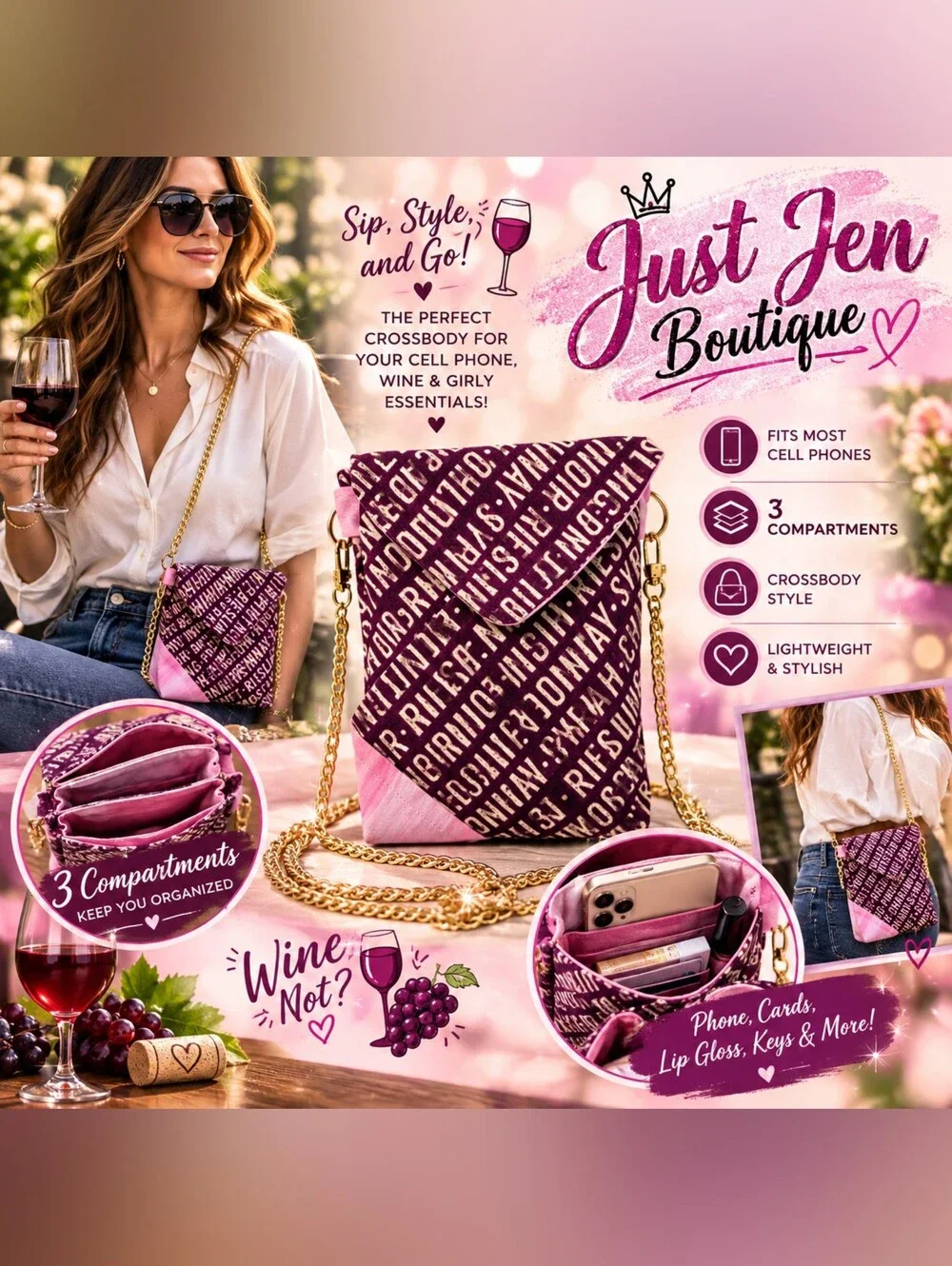 Wine Lover Crossbody Cell Phone Bag 3 Compartment Small Purse Gold Chain